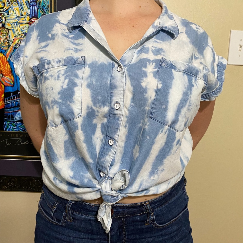 Summer Chambray denim button up unique tie dye